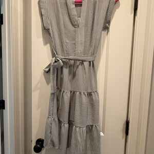 Monteau blue and white seersucker Midi V-Neck Flutter Sleeve